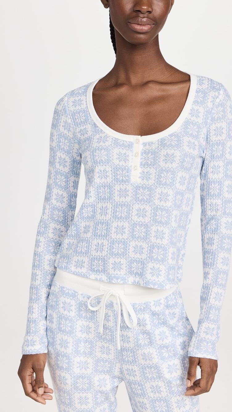 Z Supply Lounge Fireside Fair Isle Blue White Snowflake Knit Pajama Top L